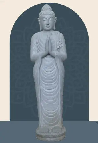 Artikelbild des Artikels “Stehender Buddha aus Flussstein, Position Namaskara, H. 151cm. “